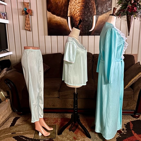 Lady Ronte~Vintage Turquoise Size Medium 3 Piece Set W/ Robe & Pajamas - Picture 12 of 16